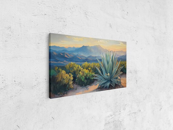 Agave Plant In Desert Wall Art Print Oil Painting Sunset In Mountains Landscape Art Western Landscape Ready To Hang