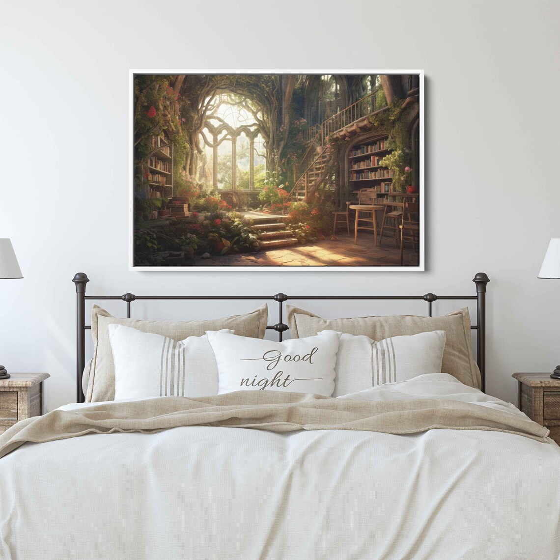 Magical Treehouse Library Staircase Bookshelf Wall Sunlit Fantasy Poster - Image 2