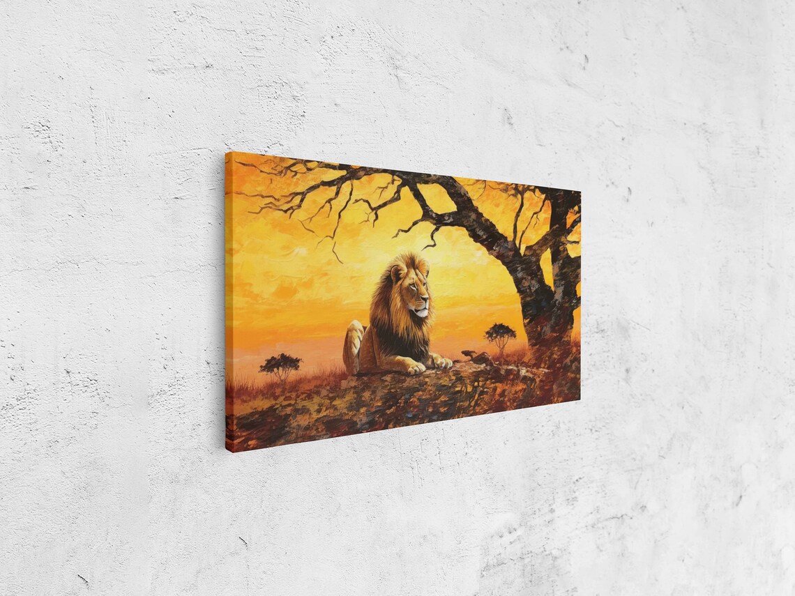 Lion Lying Under Tree Fiery Sunset Sky African Savanna Wildlife Art Poster - Image 4