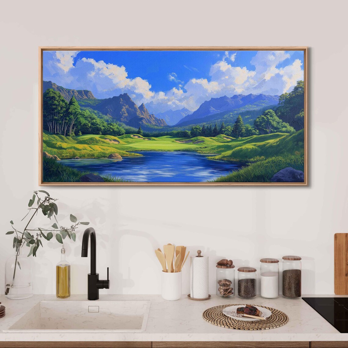 Scenic Golf Course Wall Art Print Vibrant Oil Painting Mountain View Blue Sky