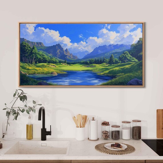 Scenic Golf Course Wall Art Print Vibrant Oil Painting Mountain View Blue Sky