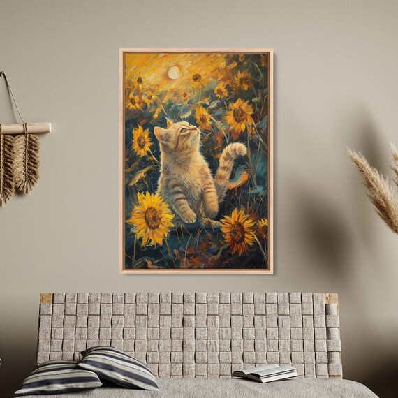 Ginger Kitten Among Sunflowers Impressionist Oil Painting Cat Lover Art Poster