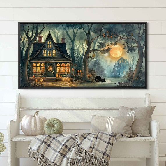 Cozy Witch Cottage With Glowing Lanterns Black Cat Under Harvest Moon Wall Art