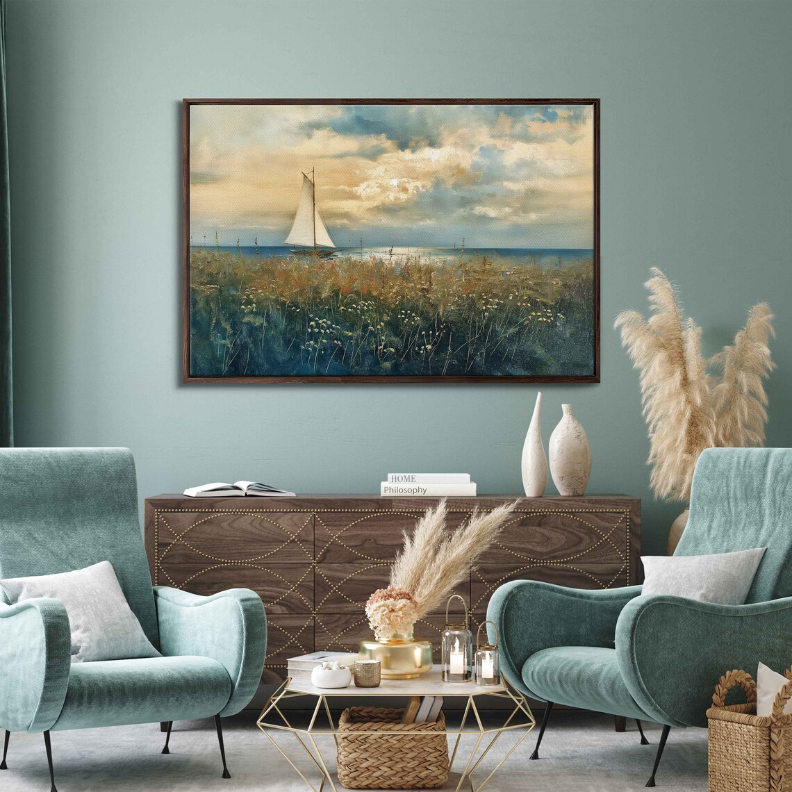 Vintage Sailboat White Sails Marsh Meadow Dramatic Cloudy Sky Painting Poster
