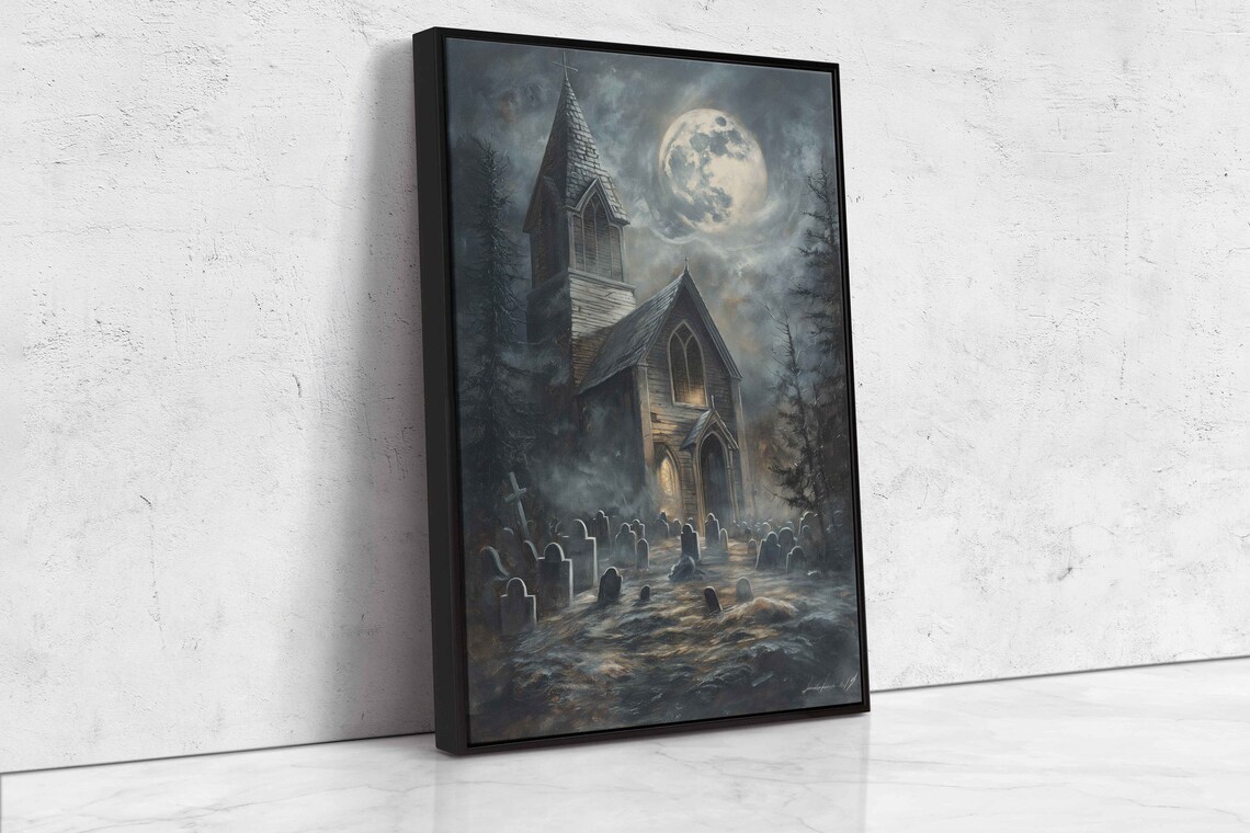 Haunted Church Foggy Graveyard Moonlit Night Eerie Halloween Art Print - Image 4