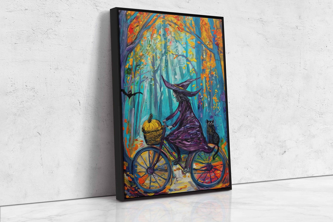 Witch Riding Bicycle Vibrant Autumn Forest Black Cat Colorful Poster - Image 4
