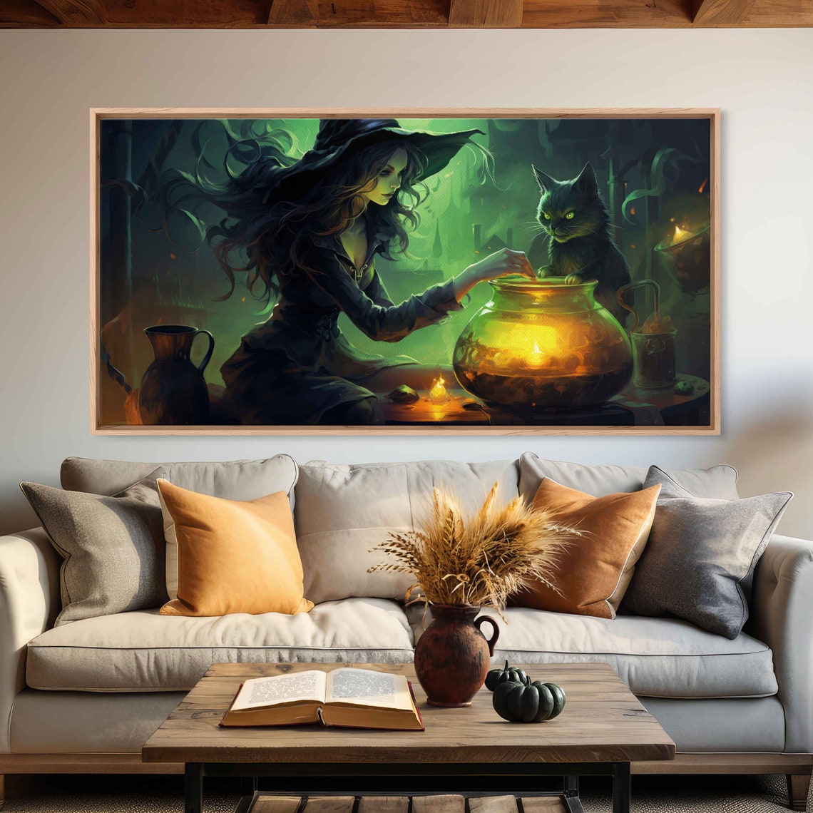 Witch Black Cat Brewing Glowing Potion Jar Green Magic Night Art Print - Image 2