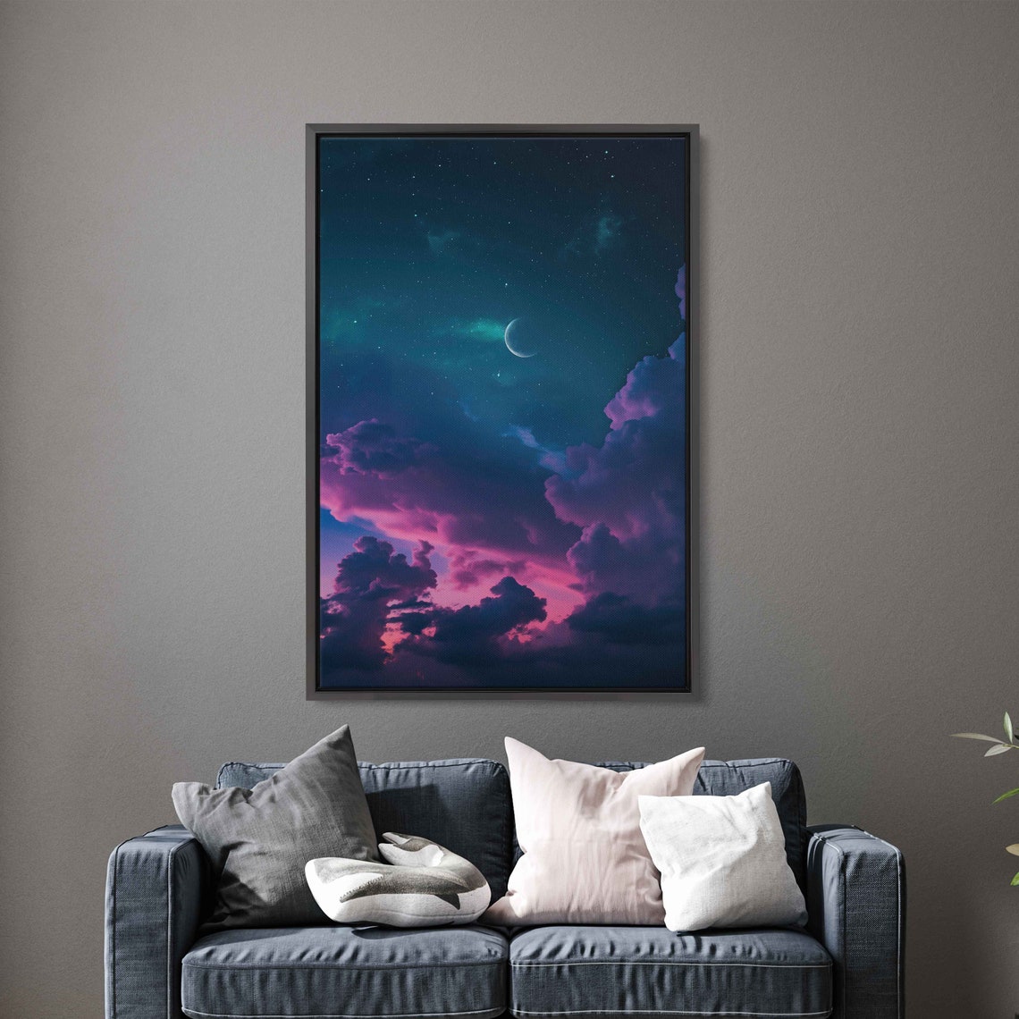 Crescent Moon And Stars During Cloudy Black Night Sky Celestial Poster Outer Space Vibrant Clouds Ready To Hang