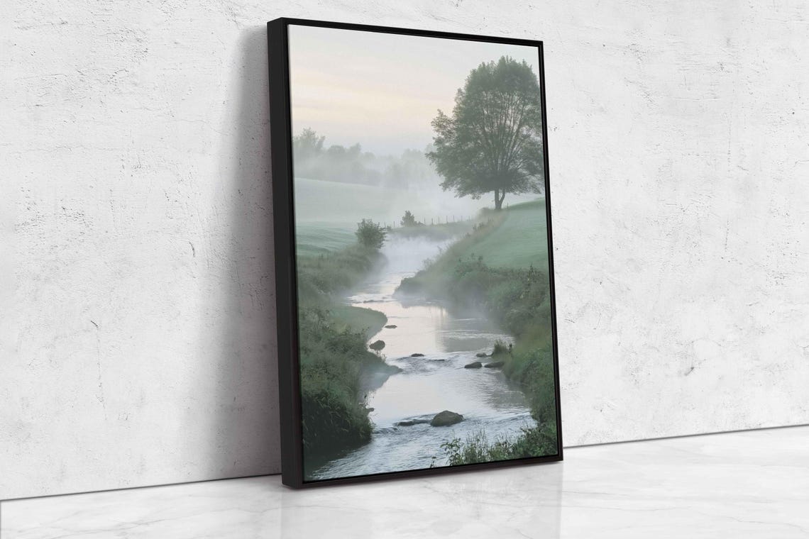 Misty Morning In English Countryside Wall Art Print Serene Stream Foggy Landscape - Image 4