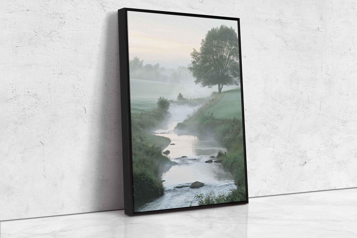 Misty Morning Stream Winding Through Foggy Green Hills Poster - Image 4