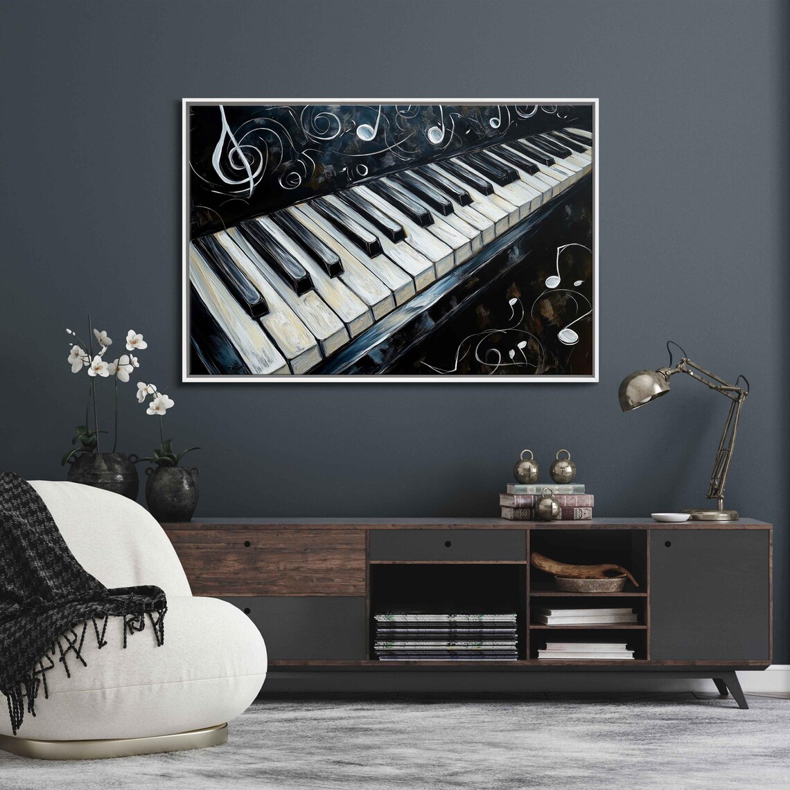 Grand Piano Keyboard Close Up Painting Floating Notes Black White Music Poster