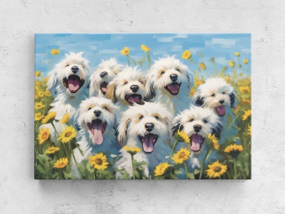 Pack Of Cute Happy Dogs In A Field Of Yellow Daisies Painting Framed Print Ready To Hang Happy And Uplifting Art