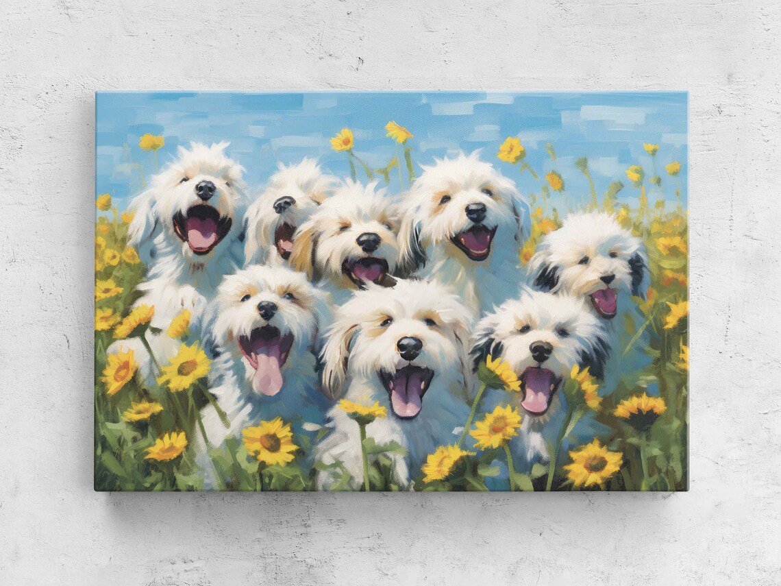 Smiling White Dogs Among Sunflowers Happy Canine Painting Poster