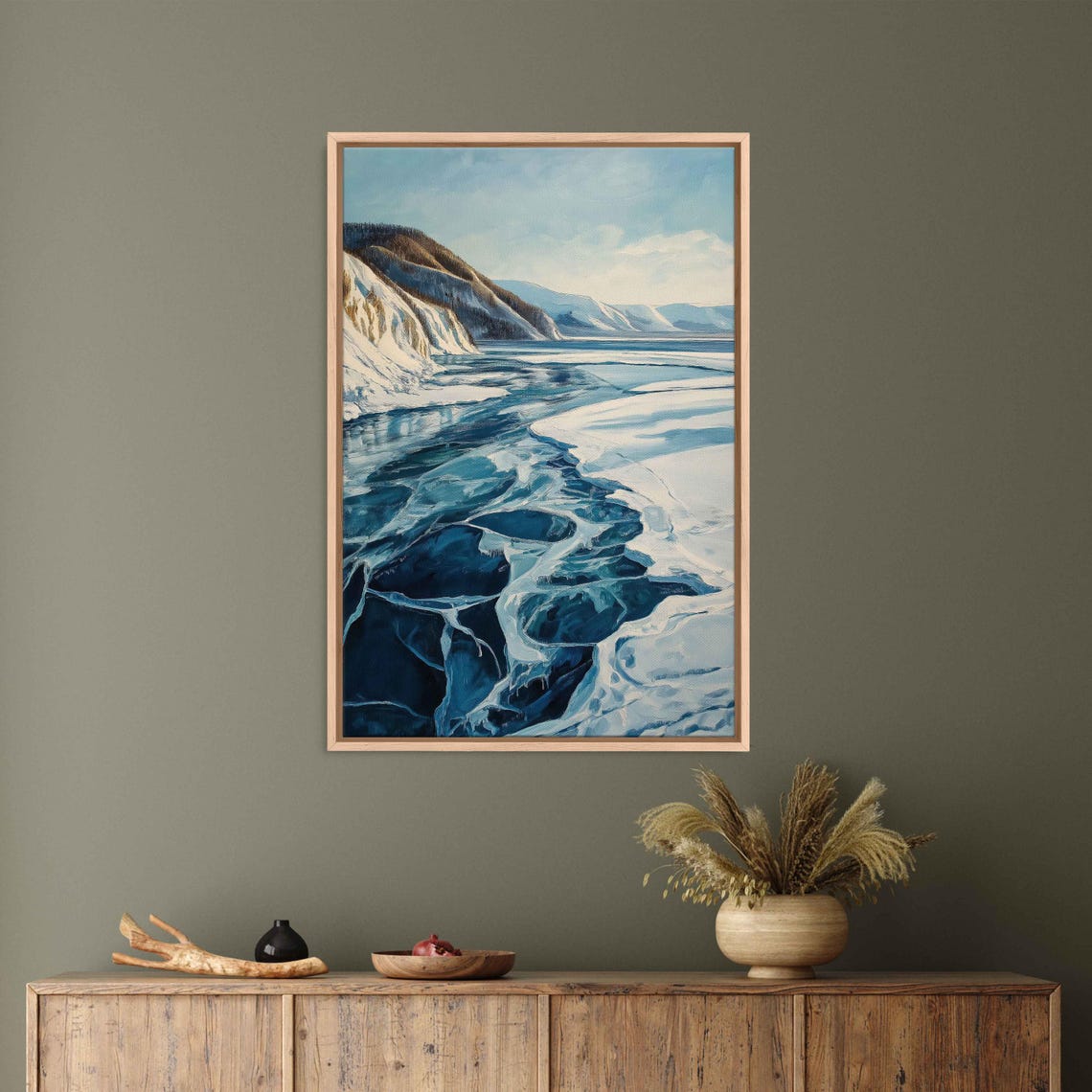 Frozen Lake Winter Cracked Blue Ice Snowy Hills Tranquil Poster