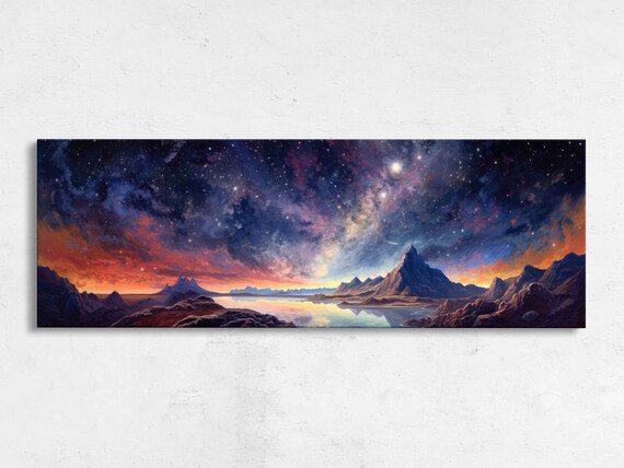 Celestial Panoramic Landscape Painting Colorful Starry Night Sky Print On Ready To Hang Beautiful Night Stars