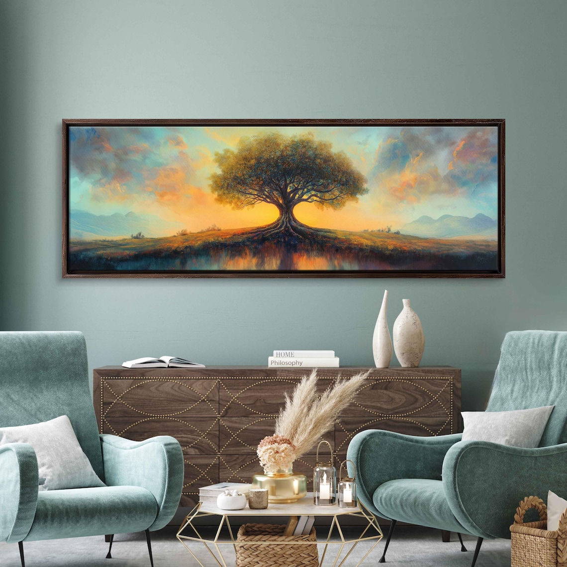 Tree Of Life Sunset Panorama Lone Tree Golden Sky Painting Art Poster - Image 3