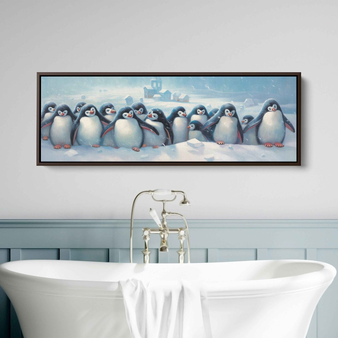 Cute Penguins Panoramic Wall Art Painting Print On Ready To Hang Nursery Wall Art - Image 2