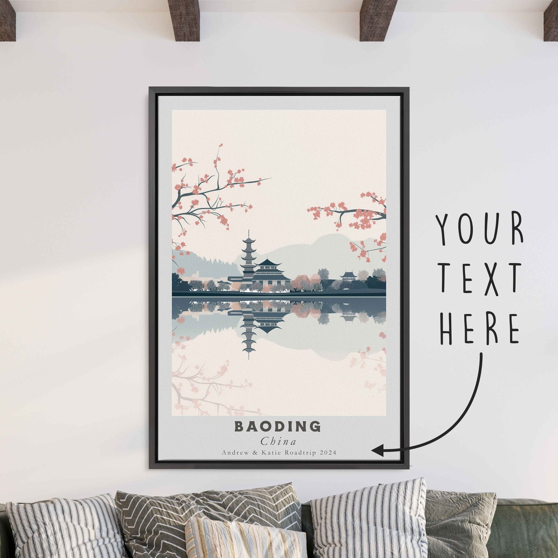 Baoding China Lakeside Pagoda Cherry Blossom Minimal Art Travel Poster - Image 3