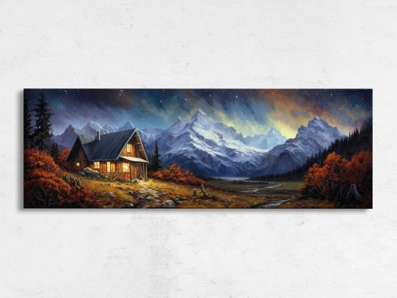 Cabin Starry Night Sky Panoramic Landscape Painting Framed Print Ready To Hang Coloful Night Sky Living Room Decor