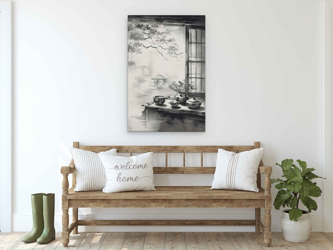 Japanese Ink Tea Set Window View Misty Garden Sumi-e Art Poster - Image 2