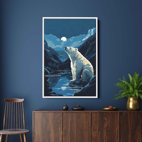 Polar Bear Night Moonrise Mountain Lake Vector Illustration Art Print