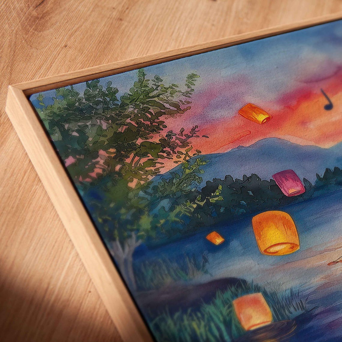 Tranquil Lake Music Festival Wall Art Print Colorful Lanterns Whimsical Sunset - Image 2