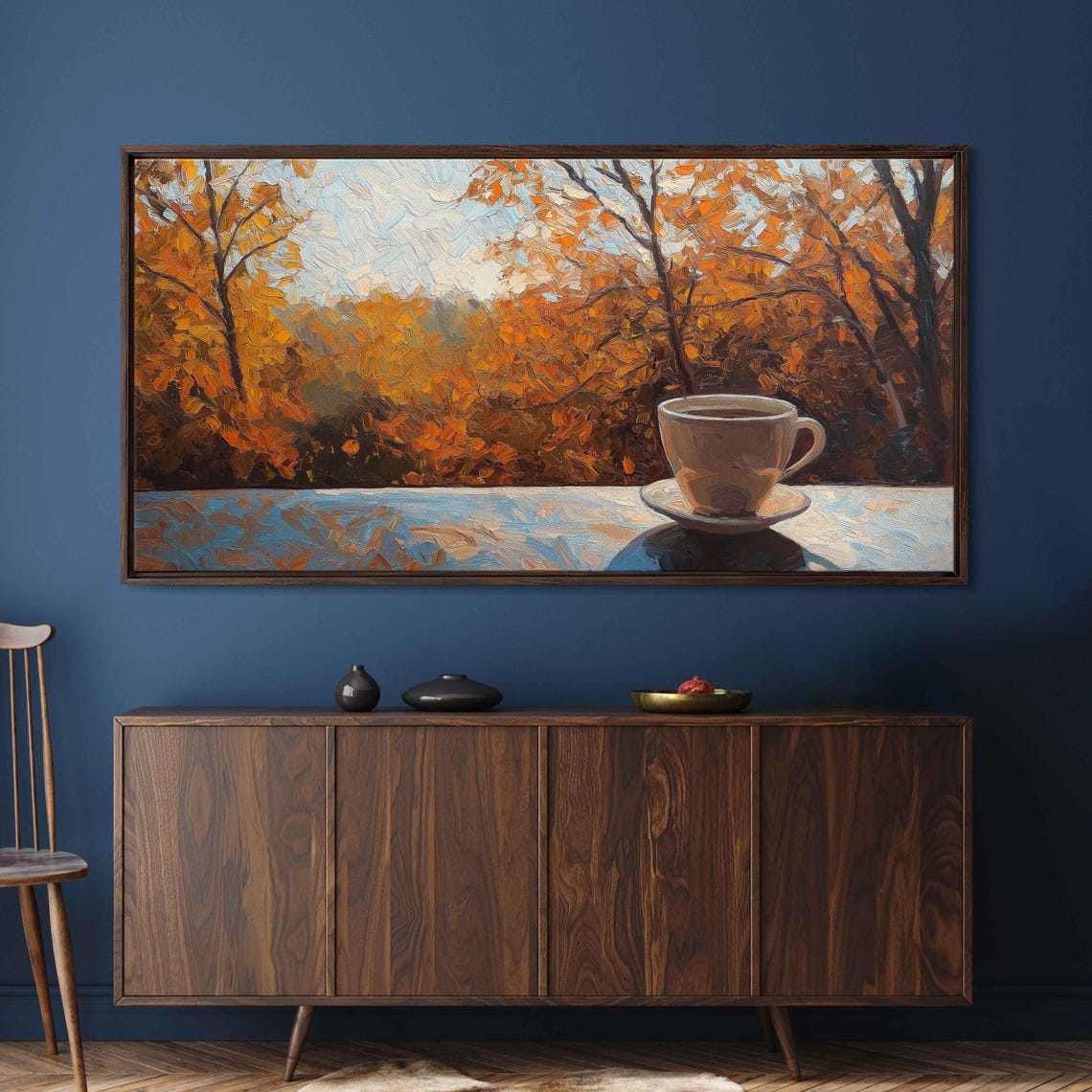 White Coffee Cup Against Golden Autumn Forest Impasto Art Print