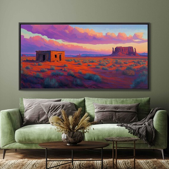 Navajo Hogan Desert Scene Wall Art Print Dreamy Evening Sky Mesas And Sagebrush