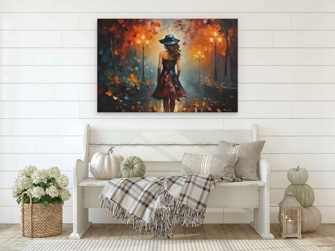 Palette Knife Woman Red Dress Blue Hat Autumn Street Walk Art Print - Image 2
