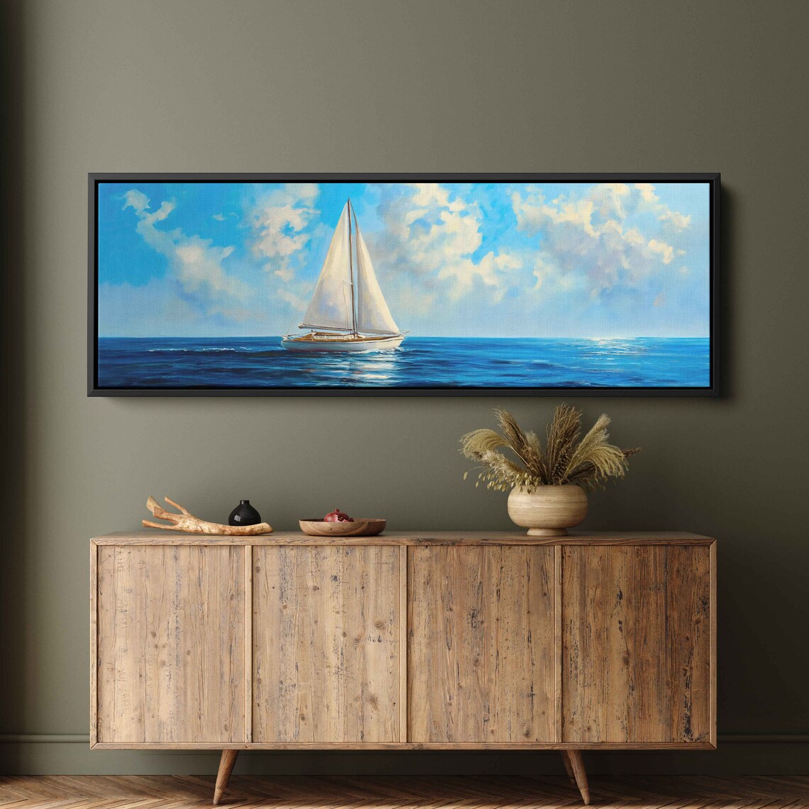Small Sailboat Calm Bright Blue Sea White Clouds Panorama Travel Poster - Image 3