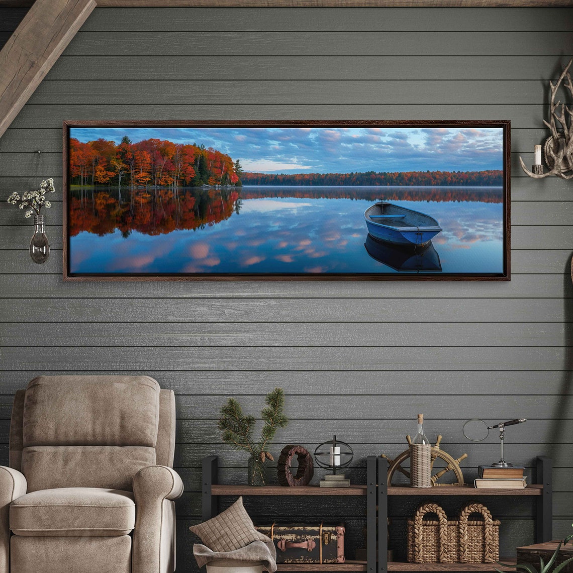 Lone Blue Rowboat Autumn Lake Mirror Reflection Fall Scenery Poster - Image 3