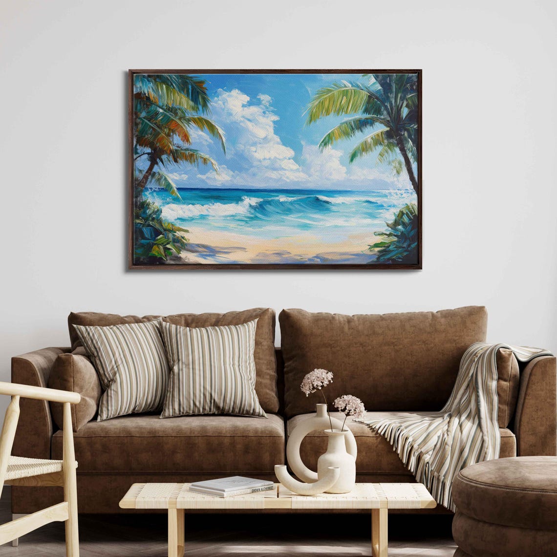 Palm Framed Ocean Waves Sandy Beach Blue Sky Tropical View Art Poster