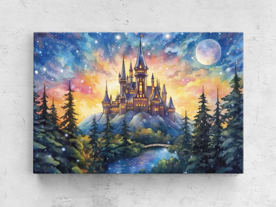 Snowy Hill Castle Full Moon Sunset Lake Bridge Starry Art Poster