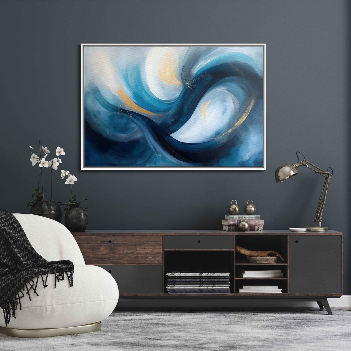 Ocean Blue Wave Swirls White Gold Highlights Abstract Art Poster