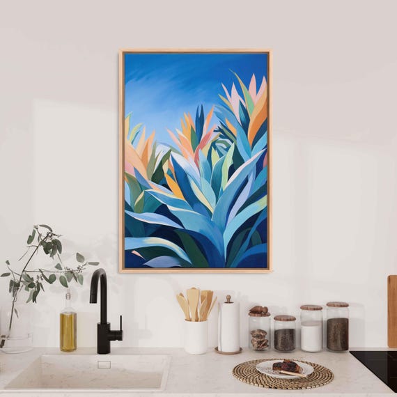 Agave Plants Against Blue Sky Wall Art Print Bold Oil Painting Vibrant Shades Nature Inspired