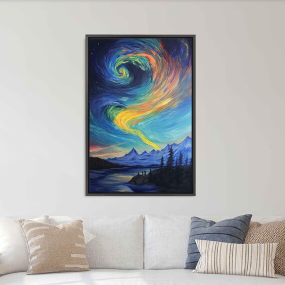 Dramatic Rainbow Aurora Vortex Over Mountain Lake Pine Night Sky Poster