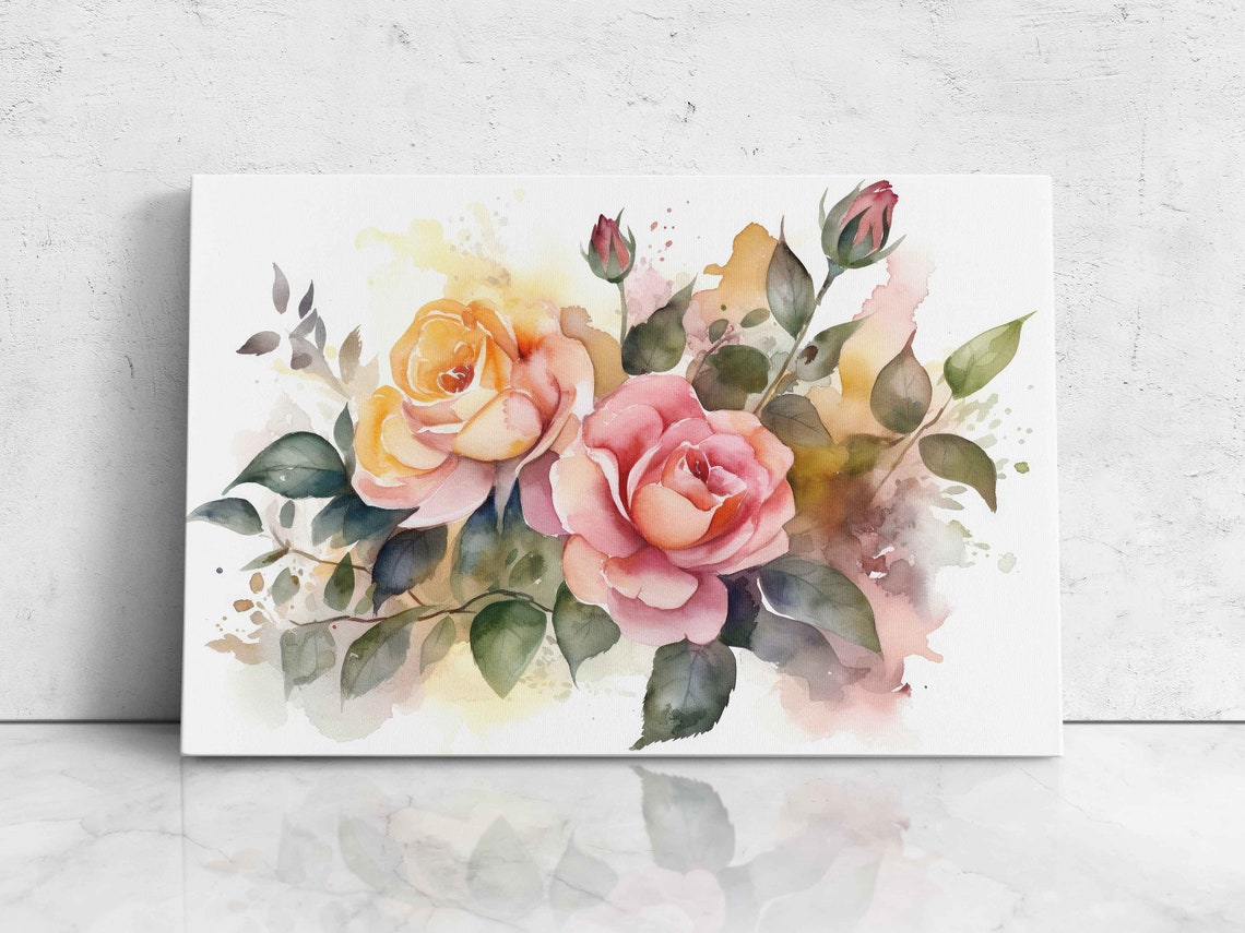 Watercolor Roses White Background Print On Framed Ready To Hang Mothers Day Gift