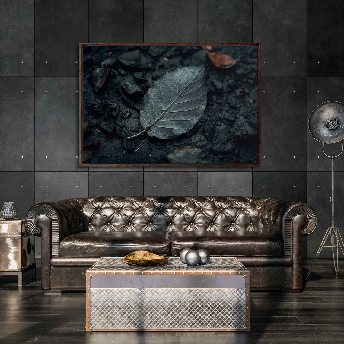 Dark Moody Leaf On Wet Black Soil Close Up Nature Photo Poster