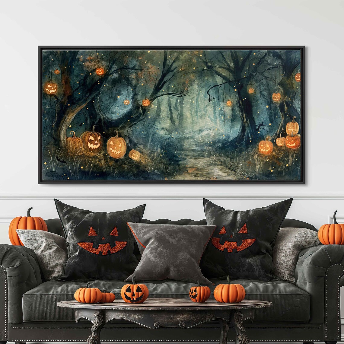 Enchanted Forest Hanging Jack O Lanterns Misty Night Path Halloween Print