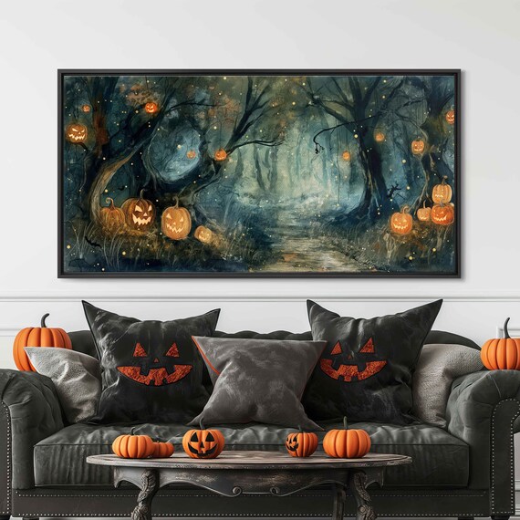 Enchanted Forest Hanging Jack O Lanterns Misty Night Path Halloween Print