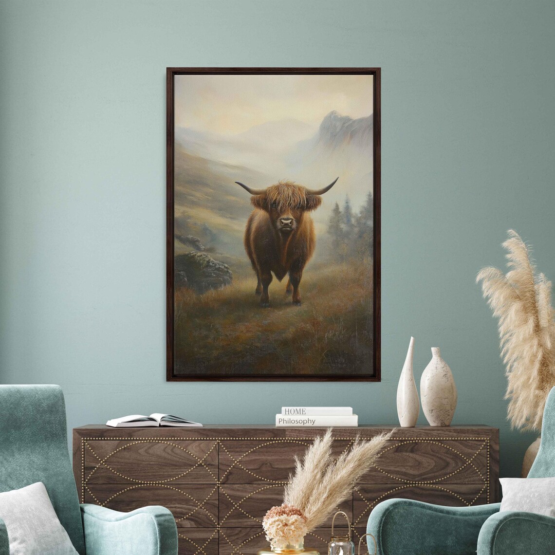 Highland Cow Misty Morning Portrait Atmospheric Oil Painting Poster
