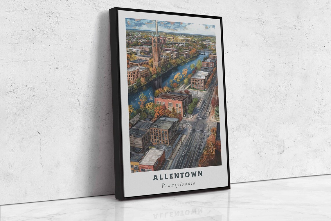 Allentown Pennsylvania Autumn River Old Town Aerial View Travel Poster - Image 2
