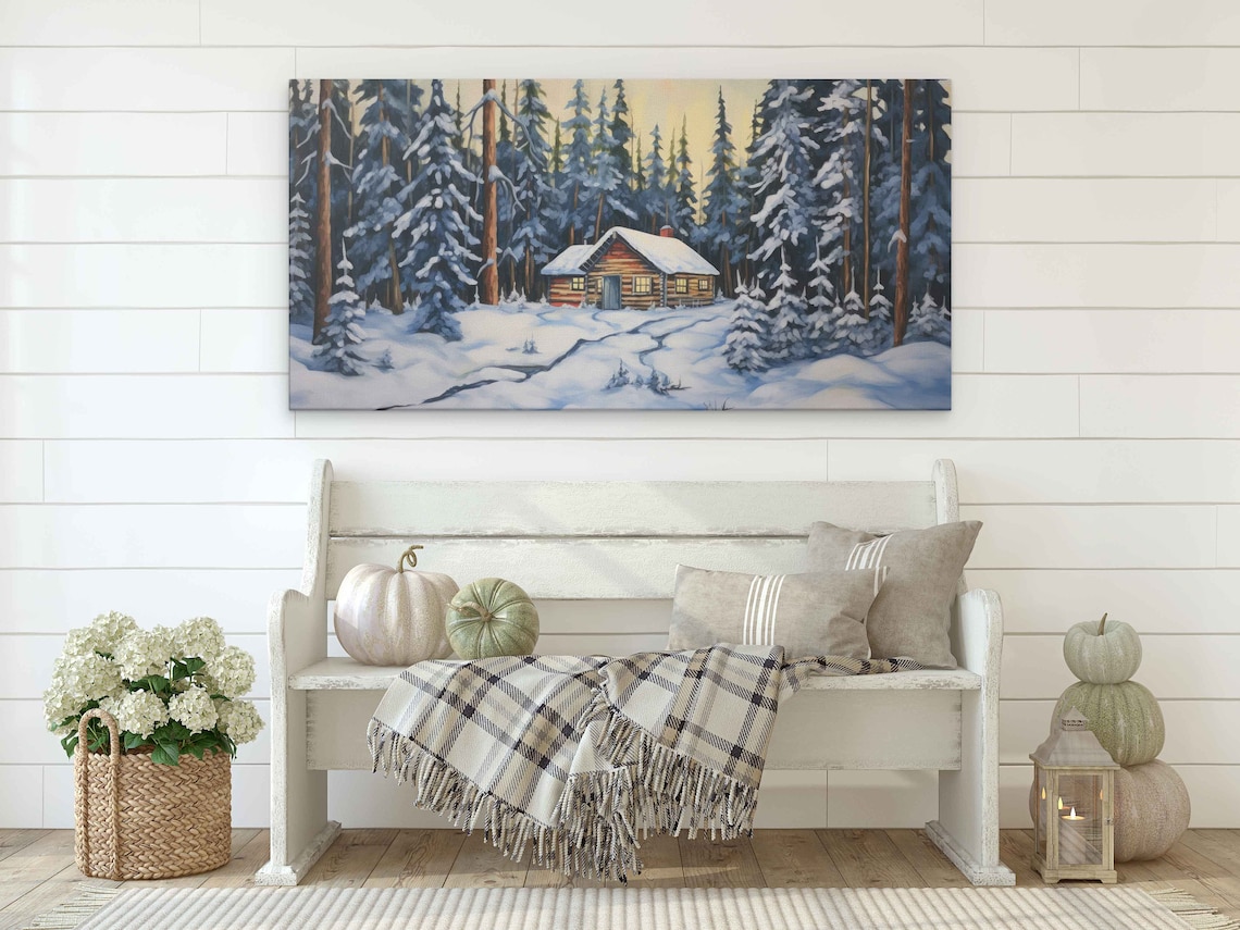 Snowy Log Cabin in Pine Forest Winter Wonderland Landscape Art Print - Image 2