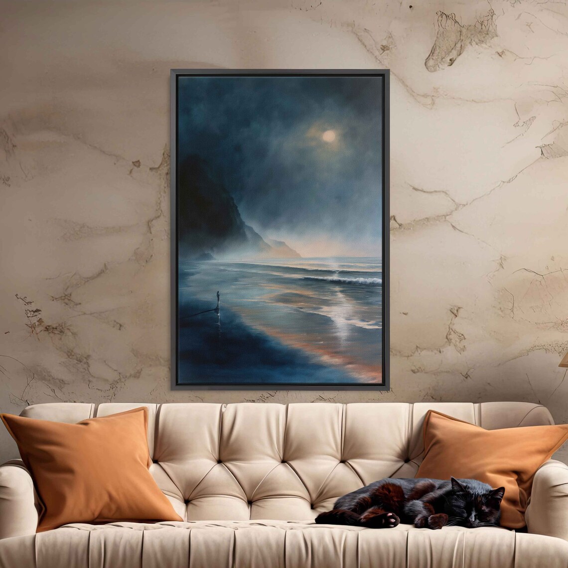 Ghostly Figure Moonlit Beach Foggy Night Moody Halloween Wall Art - Image 3
