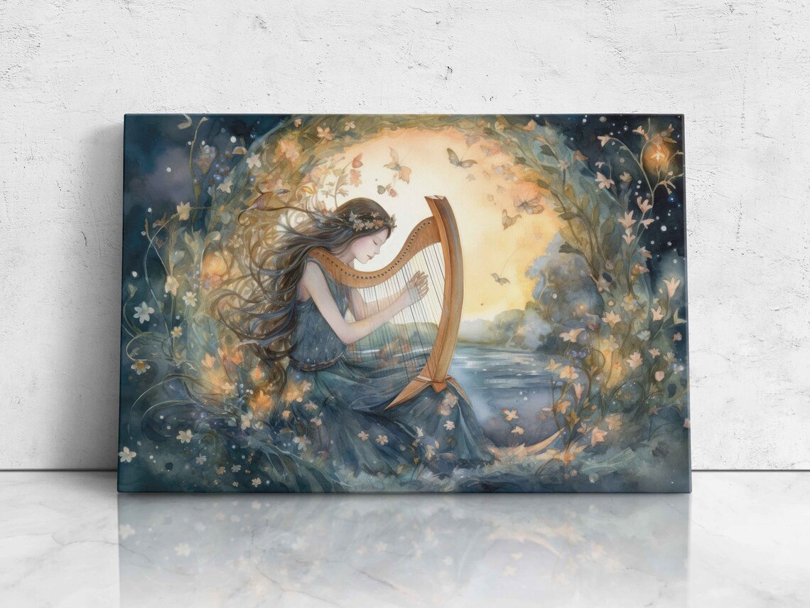 Watercolor Enchanted Fairy Playing Harp Art Print