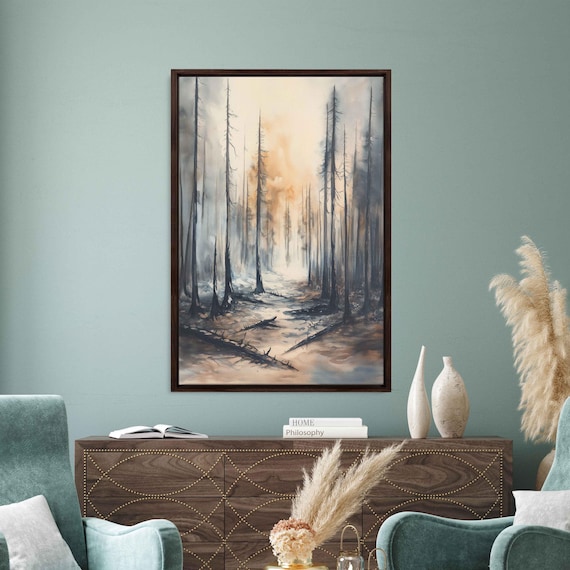 Charred Forest Watercolor Wall Art Print Haunting Landscape Muted Gray And Brown