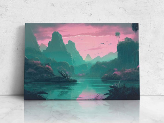 Pastel Color Tropical Landscape Vaporwave Aesthetic Illustration On Ready To Hang