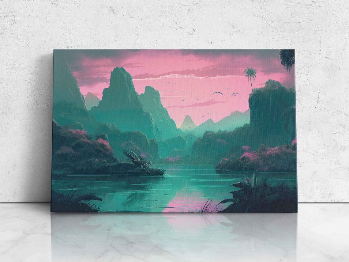 Pastel Color Tropical Landscape Vaporwave Aesthetic Illustration On Ready To Hang