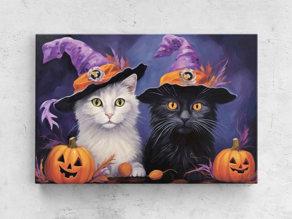 Cute Halloween Cat Wizards Oil Painting Framed Reproduction Print Ready To Hang