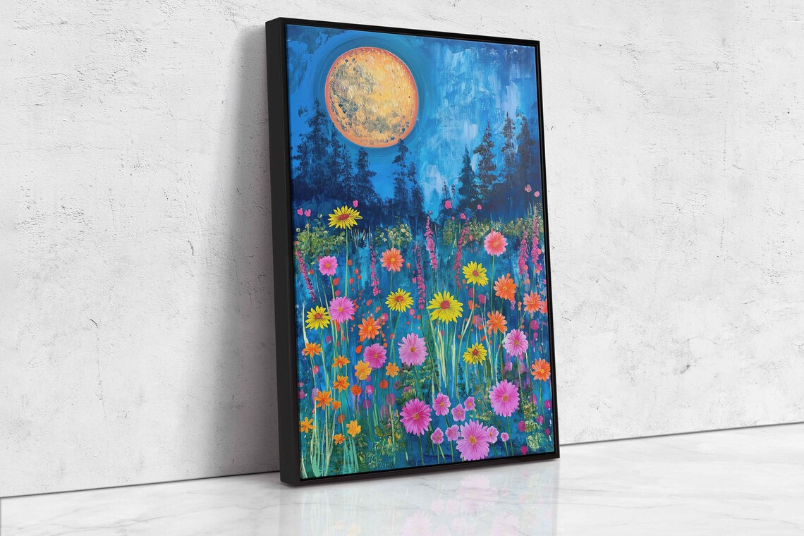 Wildflower Meadow Orange Full Moon Night Daisies Starry Sky Painting Poster - Image 4